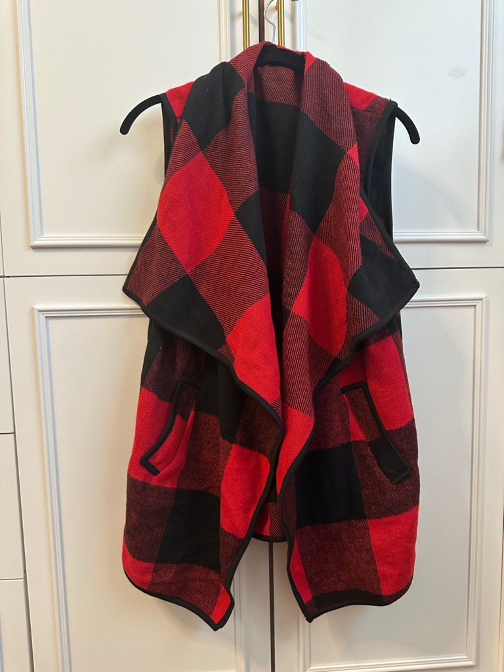 Amazon Red and Black Buffalo Plaid Open Front Draped Vest